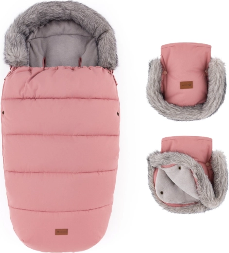 PETITE&MARS téli szett: Comfy 4 az 1-ben bundazsák + Furry babakocsi kézmelegítő kesztyű old rose