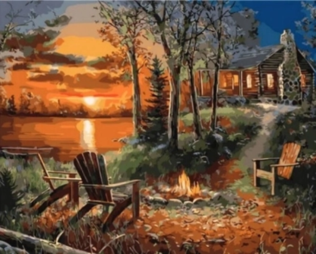 Norimpex Számfestő készlet Kandallós ház naplementében 40 × 50 cm