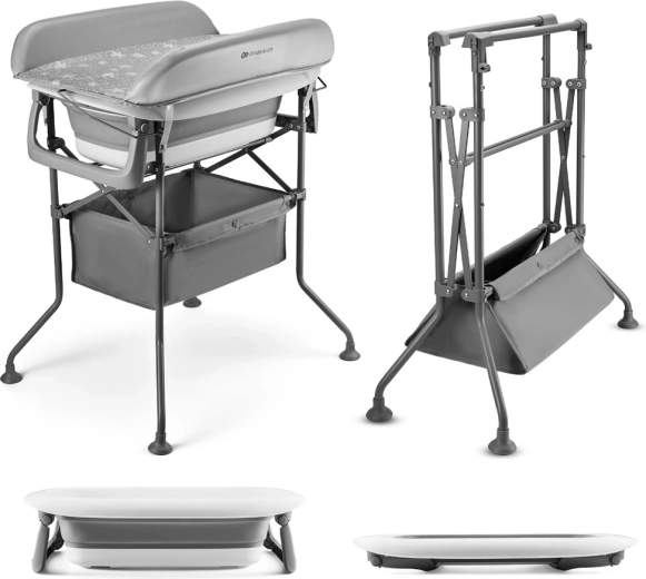Kinderkraft pelenkázóasztal káddal Bubbly Grey – összecsukható pelenkázó pult és babakád