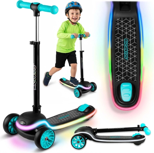 Ricokids Leddi háromkerekű egyensúlyozó gyerekroller LED panellel – fekete–türkiz