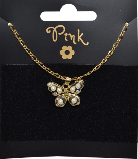 Aranyozott nyaklánc pillangó medállal és gyöngyökkel