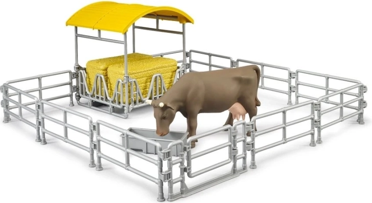 Bruder szénapajta karámokkal és tehénnel – farmjáték készlet