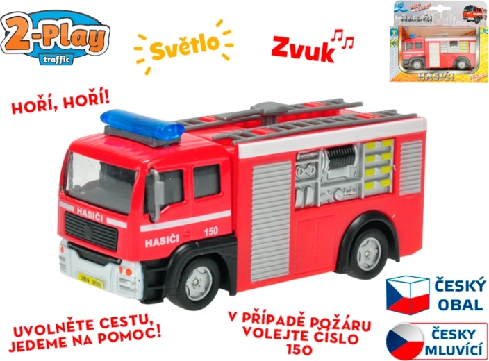 Tűzoltóautó 12 cm, felhúzós visszahúzós meghajtással, magyarul beszél és világít