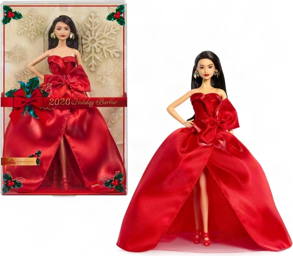 Mattel Barbie Signature karácsonyi gyűjtői baba 2026 – fekete hajú, piros ruhában