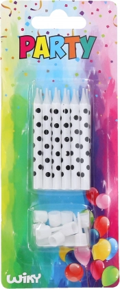 Fekete pöttyös gyertyák talppal, 12 db