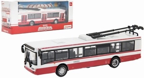 Fém városi trolibusz (MHD) hátrahúzós meghajtással, 16 cm, piros-fehér – 1 db