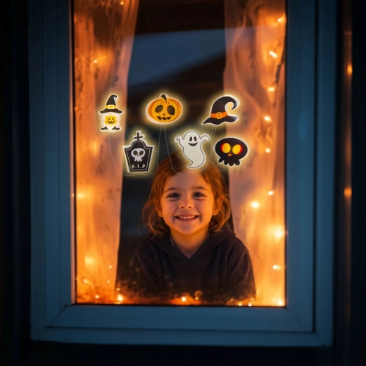 Halloween LED-es ablakdekoráció zselés tökfigurákkal, 85 cm