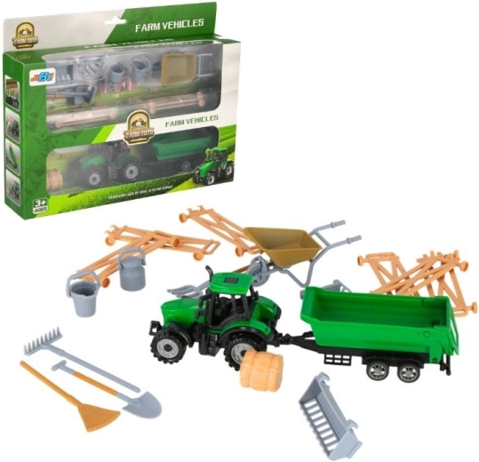 Traktor utánfutóval és gazdasági kiegészítőkkel