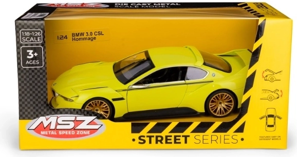 BMW 3.0 CSL Hommage gyűjtői modell MSZ-től, 1:24 méretarányban, sárga