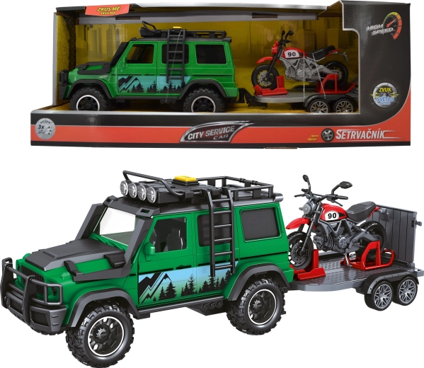 City Service Car erdőőr jármű utánfutóval és motorral 1:14 hangokkal és fényekkel