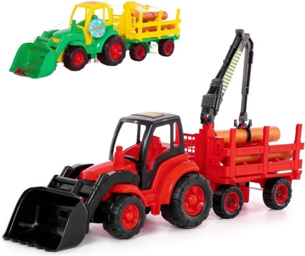 Traktor homlokrakodóval és erdészeti pótkocsival