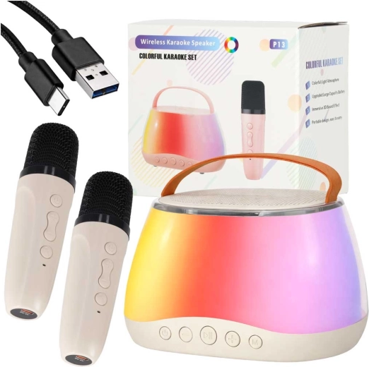 Karaoke szett Bluetooth hangszóróval, RGB LED-del és két vezeték nélküli mikrofonnal