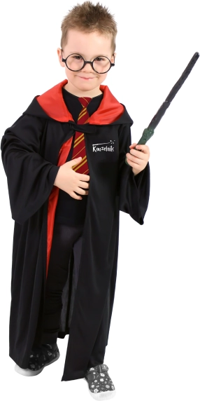 Gyerek varázslóköpeny kapucnival, fekete‑piros, 3–7 év (104–136 cm)