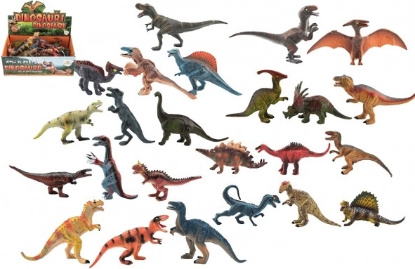 Műanyag dinoszauruszok 11–14 cm, vegyes fajok dobozban (24 db)