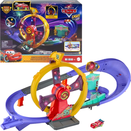 Mattel Disney Pixar Verdák versenypálya – Indulási ünnepség világító Villám McQueennel