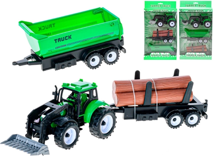 Zöld traktor elülső rakodóval és 2 cserélhető pótkocsival lendkerekes meghajtással