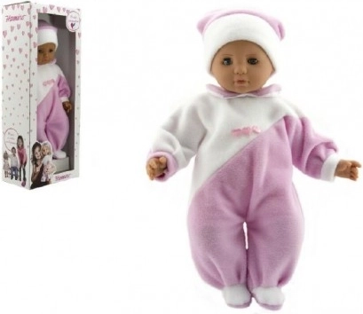 Baba babapróba 50 cm textil testtel, rózsaszín-fehér kezeslábas