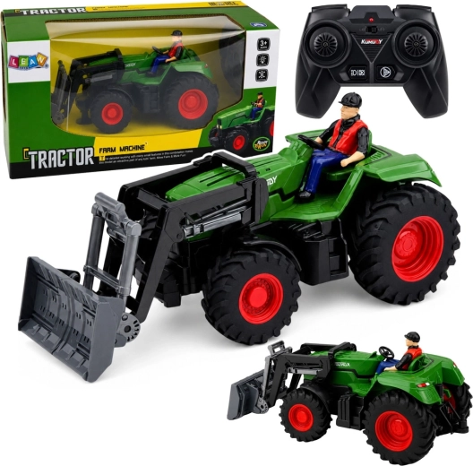 RC távirányítós traktor homlokrakodóval és farmerfigurával 1:24