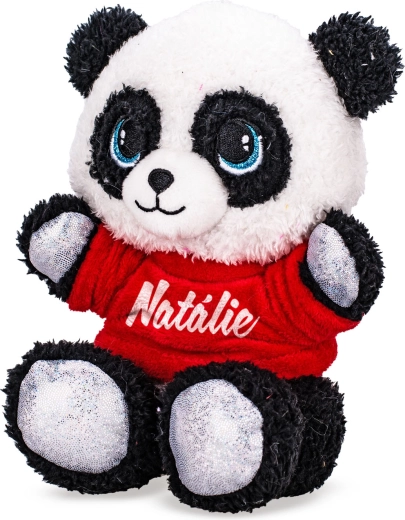 Plüss panda mintás pólóban 17 cm (ülő)