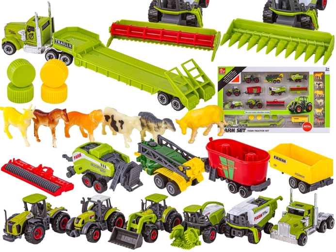 Mezőgazdasági gépek farmkészlete traktorokkal, kombájnnal és állatkákkal