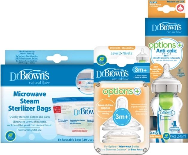 Dr. Brown’s üveg antikólikás cumisüveg Options+ Wide-Neck 270 ml + cumik Level 2 (2 db) + sterilizáló zacskók (5 db)