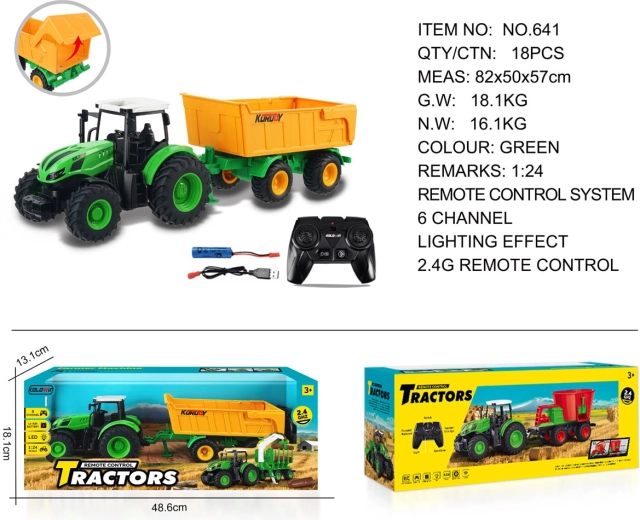 Távirányítós traktor nyitható sárga utánfutóval 1:24