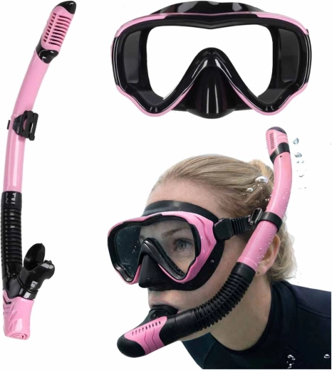 Rózsaszín‑fekete búvárpipás készlet panorámamaszkkal és száraz snorkellel
