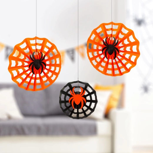 Halloween papírdekoráció pókháló pókkal, 30/40 cm – 3 darab