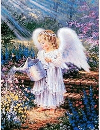 Gyémántszemes kirakó Angyal kannával a kertben 30 × 40 cm