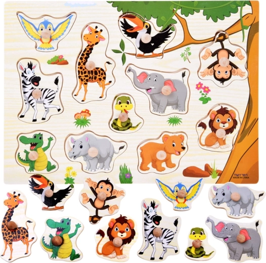 Fa betétpuzzle dzsungel mintával, fogantyúkkal, 11 darabos