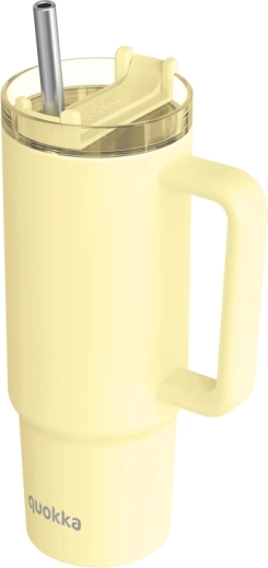Quokka Vibe pasztellsárga rozsdamentes termo bögre (Drop Safe) rozsdamentes szívószállal, 880 ml