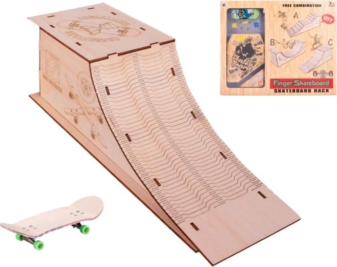 10 cm-es gördeszka fa rámpával – fém mini fingerboard szett