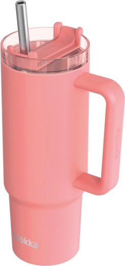 Quokka Vibe korall színű, Drop Safe stabilizációs rendszerrel ellátott rozsdamentes termoszbögre szívószállal, 880 ml