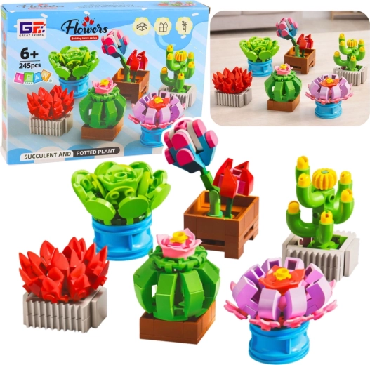 Építőkészlet virágokkal kaspókban, 245 darab, 6 modell