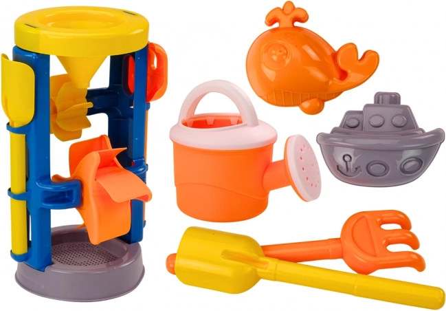 Nagy homokozó készlet malommal, lapáttal, gereblyével, öntözőkannával és formákkal