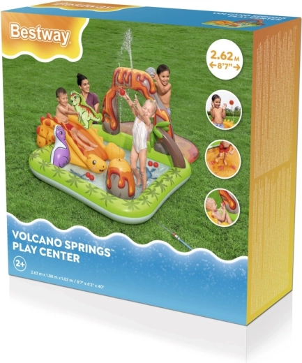 Felfújható dinoszauruszos játszóközpont csúszdával és vízpermetezővel