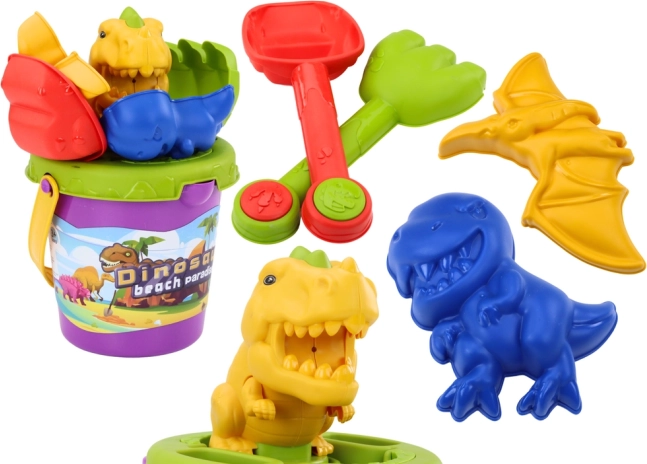 Homokozó készlet dinoszaurusz formákkal – vödör, lapát és gereblye