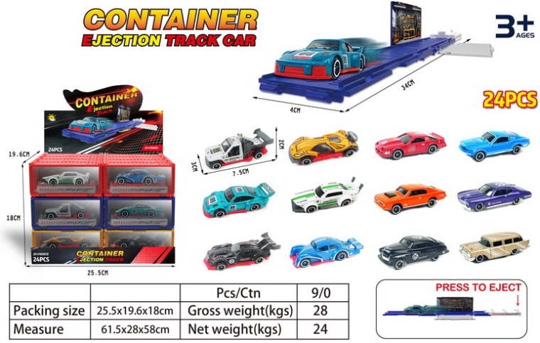 Fémből készült kilövős kisautó konténerben, 7,5 cm