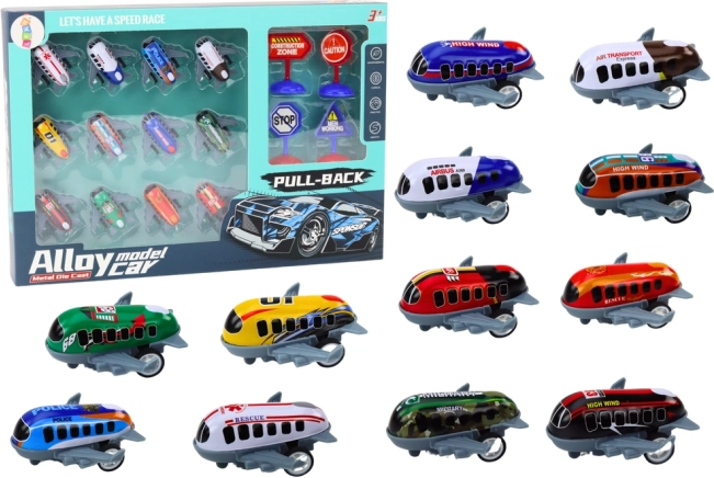 12 játékrepülő alakú játék készlet meghajtással és közlekedési táblákkal