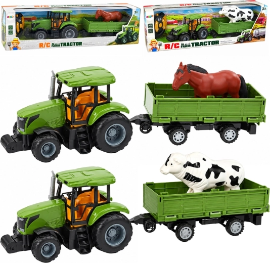 Zöld traktor utánfutóval és lóval távirányítóval