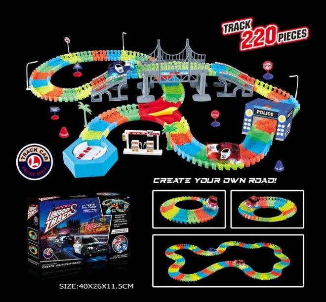 Világító, rugalmas versenypálya 220 elemmel és LED-es kisautóval