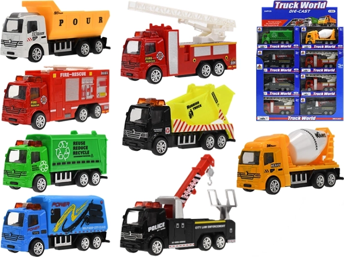 Fém teherautó 10 cm 1:55 visszahúzós meghajtással, 8 féle dobozban