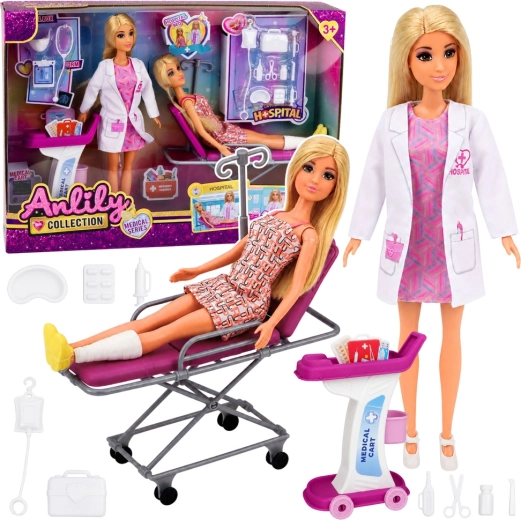 Anlily Collection szett: orvos baba pácienssel, kórházi ágy és orvosi kocsi