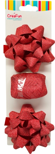 Csillogó piros ajándékcsomagoló szett szalaggal és csillag alakú masnikkal