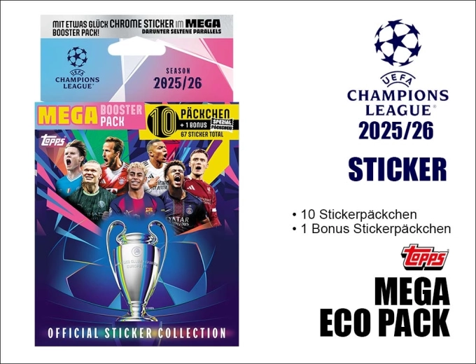 Topps mega eco pack UEFA Bajnokok Ligája 2025/2026 matricákkal