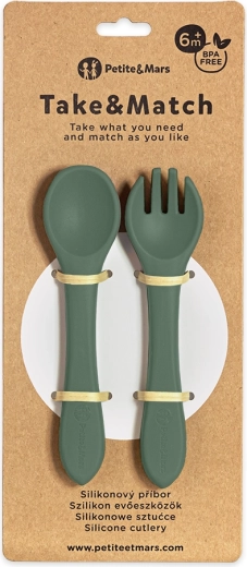 Szőrkeverékű szilikon gyermek evőeszköz PETITE & MARS Take & Match Misty Green 6 hó+