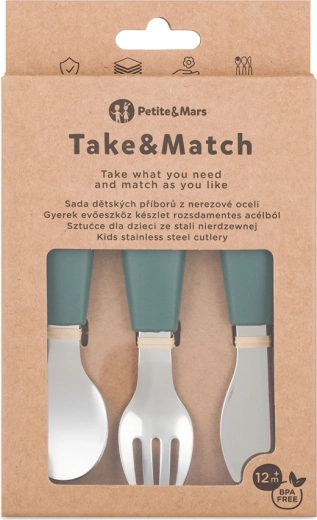 Petite&Mars rozsdamentes acél gyerek evőeszköz készlet Take&Match Misty Green 12hó+