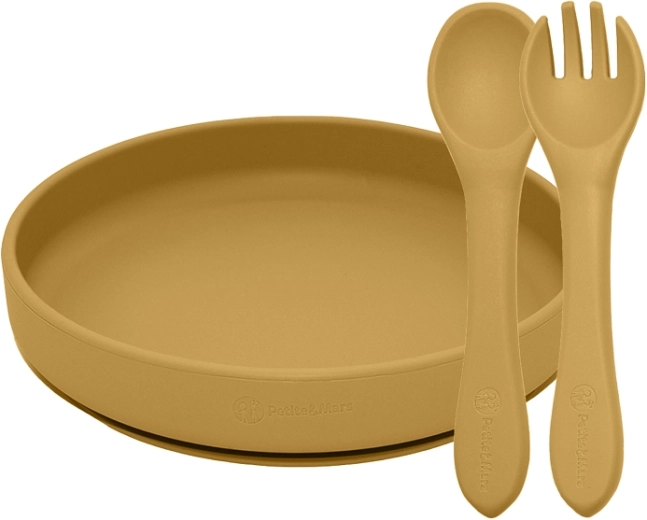 Petite&Mars étkezési szilikon szett Take&Match tányér és evőeszköz intense ochre 6m+