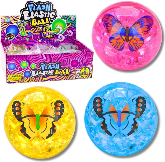 világító pattogó labda konfettivel és pillangóval, 9 cm