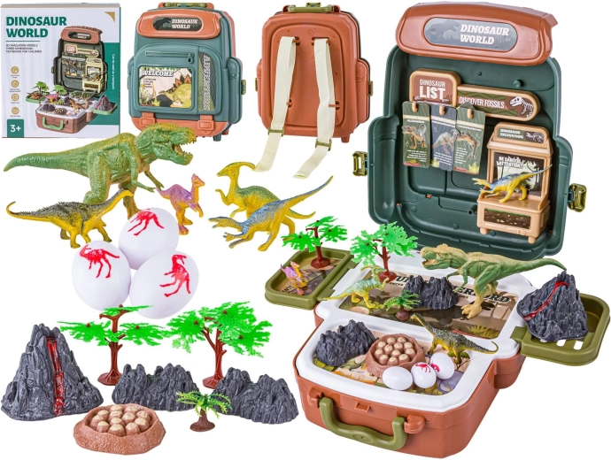 Nagy dinoszaurusz szett hátizsákban – figurák bőröndben vulkánnal és kiegészítőkkel (30 db)